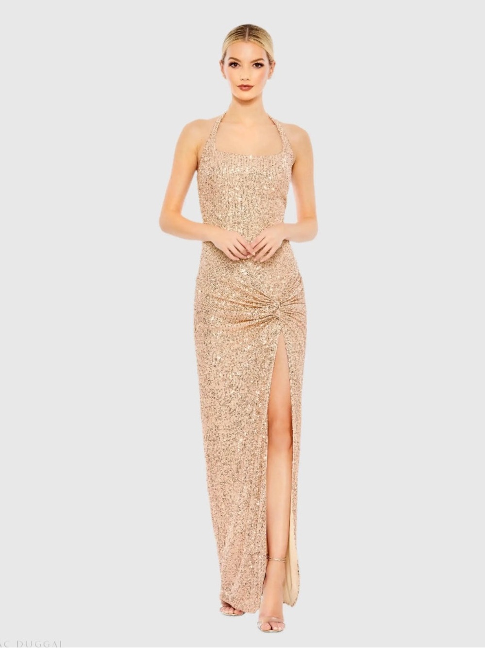 Mac Duggal Sequin Halter Evening Gown in Rose Gold